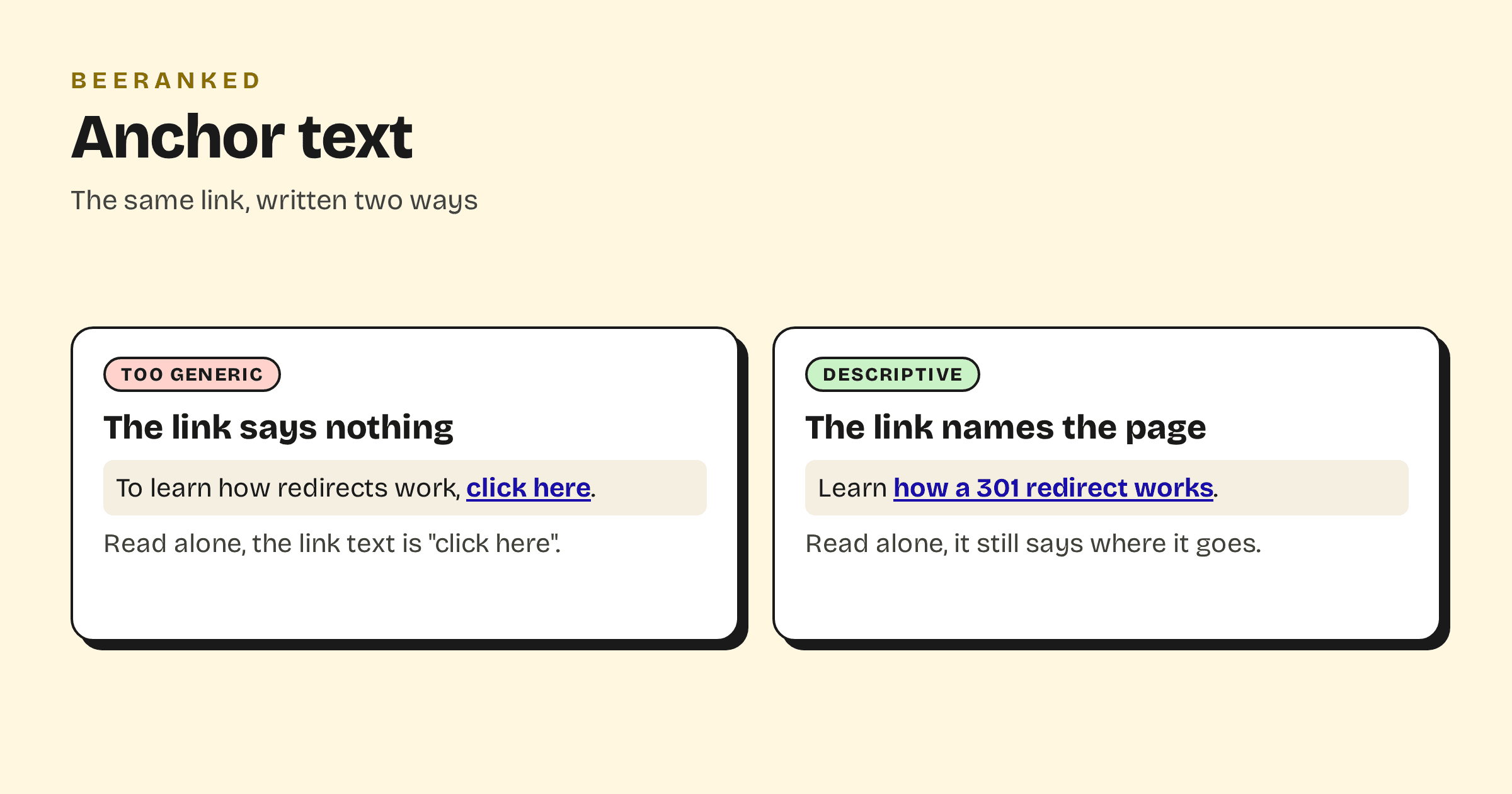 Two versions of the same sentence: a generic "click here" link and a descriptive link that names the target page